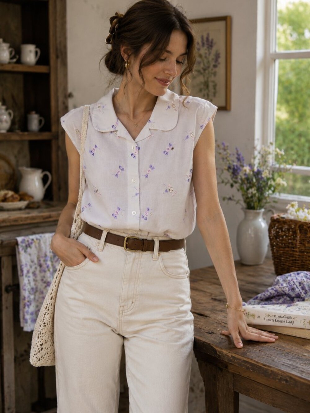 Vintage 90's Boston Trader Sleeveless Cottagecore Embroidered Top, Size M
